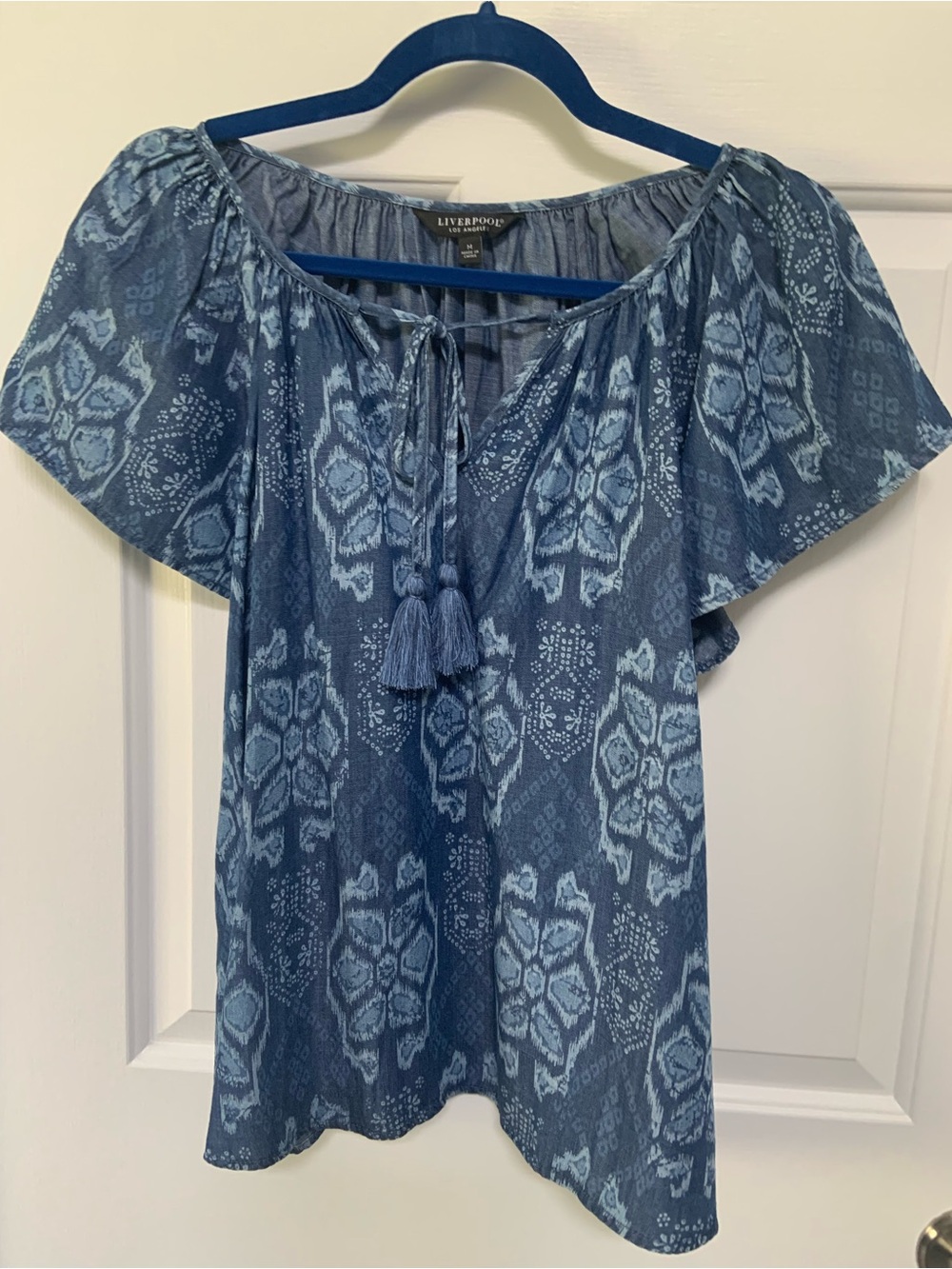 Liverpool Blue Tie-Front Peasant Blouse